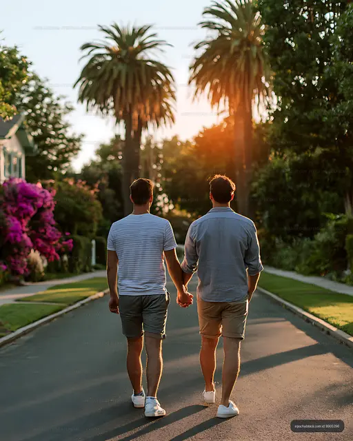 Two men walking together beneath palm trees at sunset