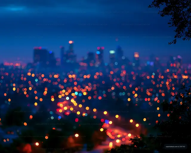 Blue twilight cityscape with colorful bokeh lights