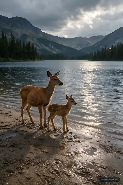 Two deer at an alpine lake shoreline