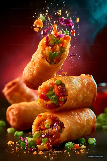 Golden vegetable spring rolls with flying colorful garnish