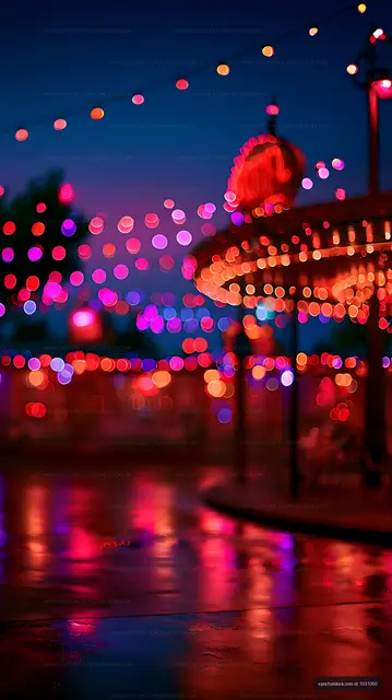 Neon carousel glow with reflections on rainy pavement