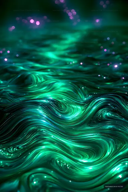 Luminous emerald fluid waves with purple bokeh