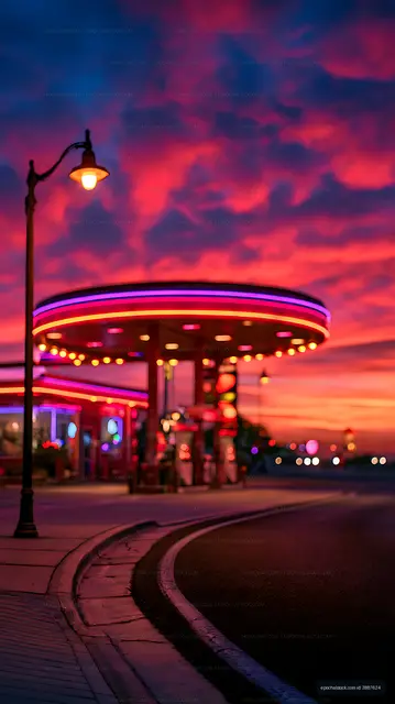 Neon roadside diner glowing under a dramatic sunset
