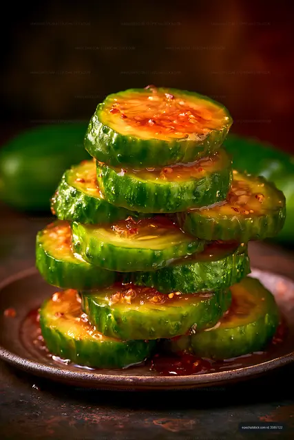 Cucumber slice stack with glossy spicy dressing