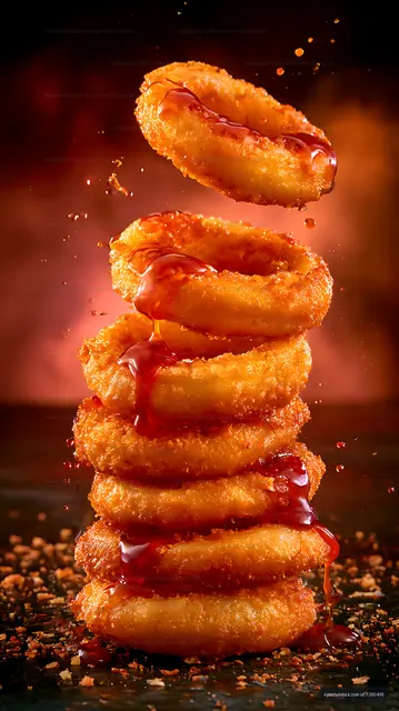 Golden fried onion ring tower with dripping sauce