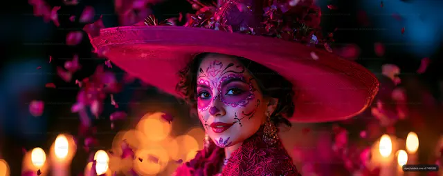 Dramatic candlelit portrait with ornate face paint