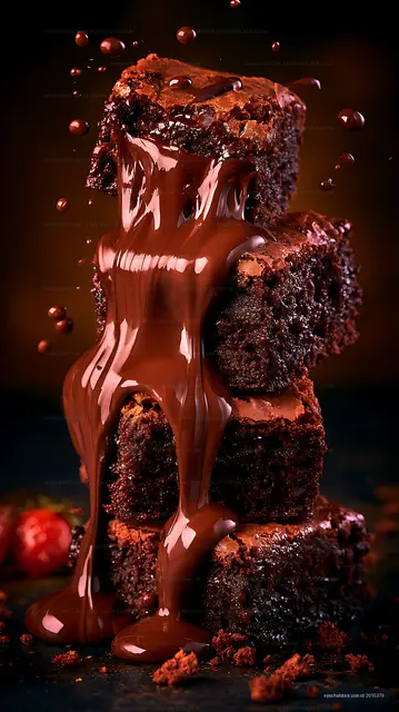 Glossy chocolate dripping over a brownie stack