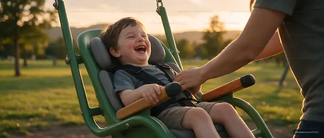 Happy child using an accessible playground swing
