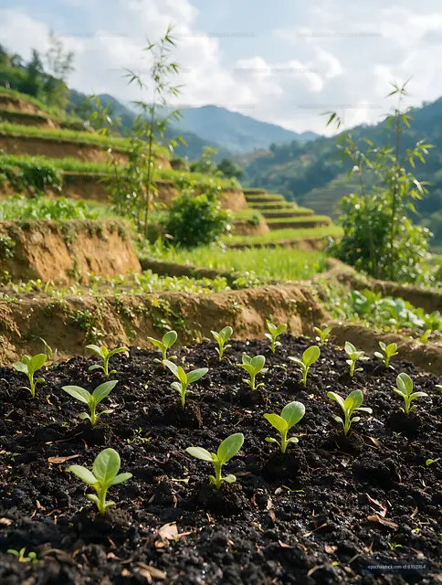 Green seedlings in layered mountain farmland