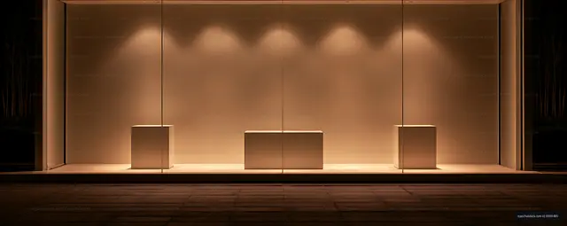 Minimal Warm-Lit Exhibition Display with Geometric Forms