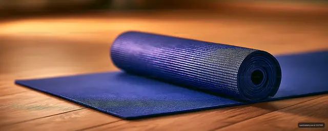Rolled blue fitness mat on a wooden floor