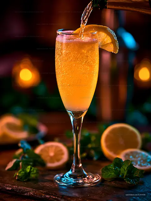 Bubbly orange citrus drink poured into a cocktail glass