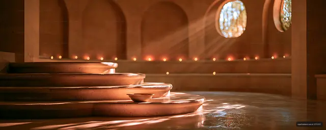 Atmospheric indoor water fountain with warm ambient lighting