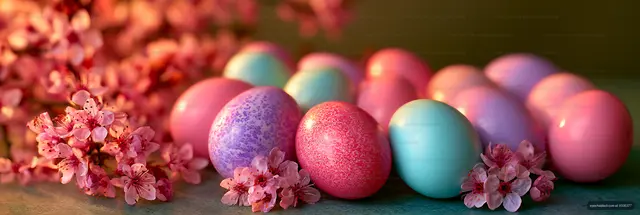 Pastel eggs arranged with pink spring flowers