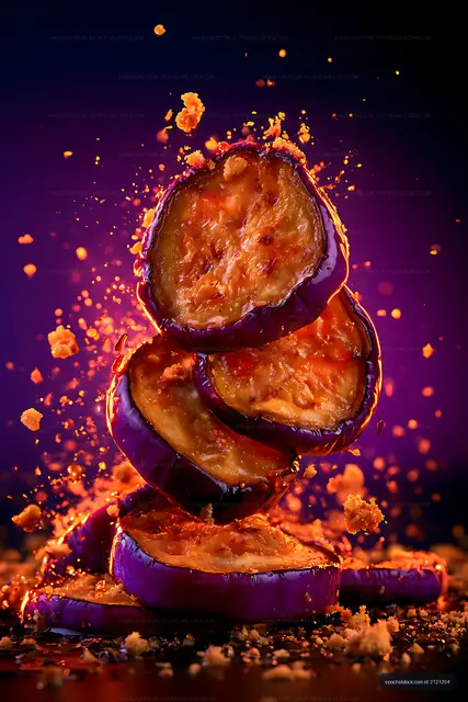 Stacked eggplant slices surrounded by flying crumbs