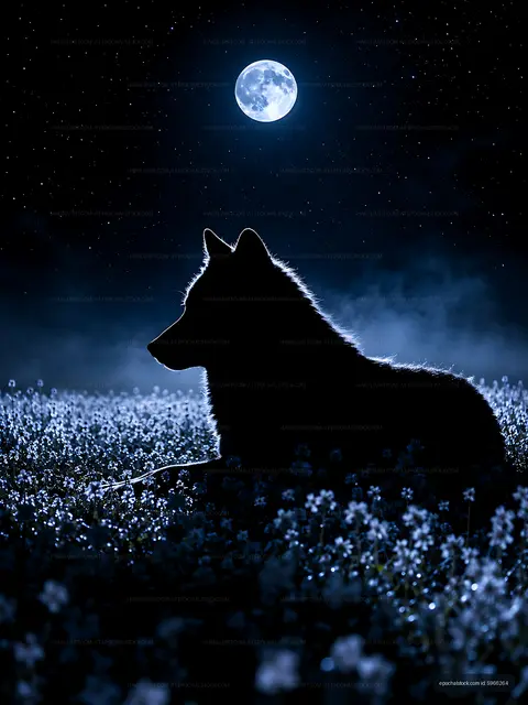 Wolf silhouette under full moon in a flower field
