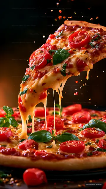 Melted cheese stretching from tomato basil pizza