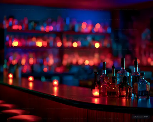 Neon Bar Still Life with Glass Bottles and Candlelight