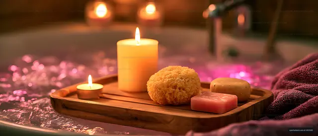 Warm spa scene with bath tray, candles, soap, and sponge
