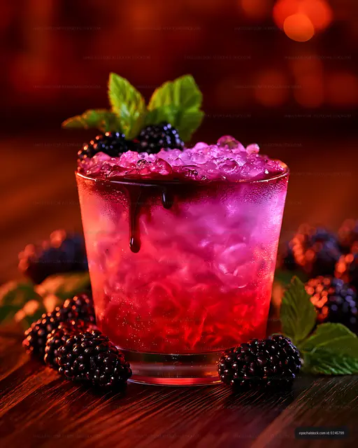 Close-up berry drink topped with ice and mint leaves