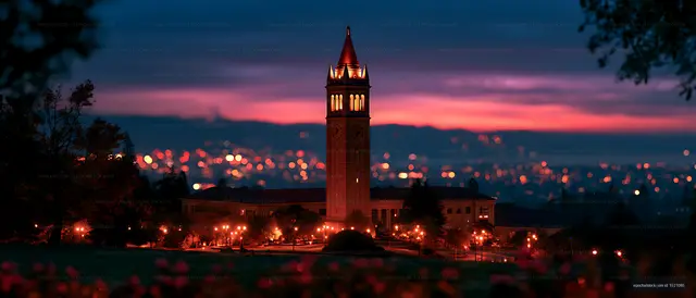 Warmly lit campus tower above sparkling city lights