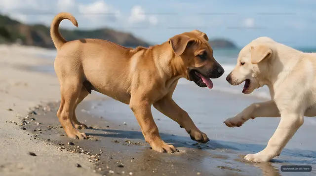 Puppies playing at the water’s edge