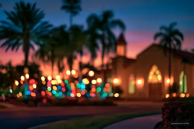 Colorful Bokeh Lights at a Tropical Resort Sunset
