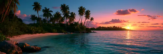 Panoramic tropical shoreline with palms at sunset