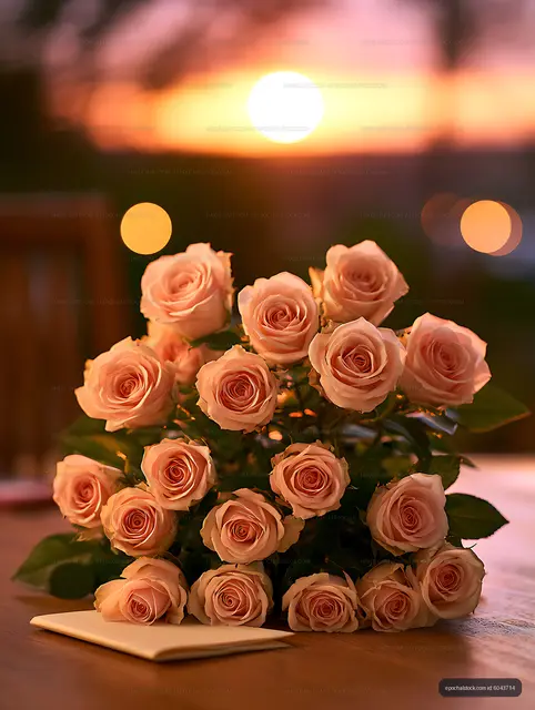 Romantic peach rose bouquet beside a book at sunset