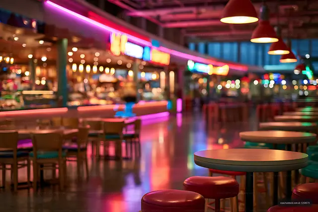 Empty colorful bar with neon lighting and stools