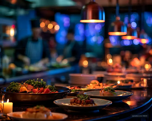 Plated food on an atmospheric candlelit dining table