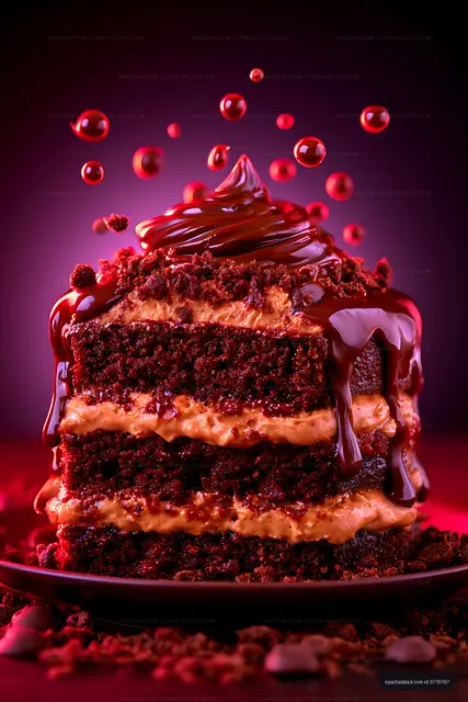 Dramatic close-up of frosted chocolate cake