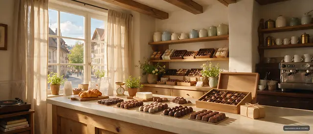 Chocolate boutique interior with pralines and pastries
