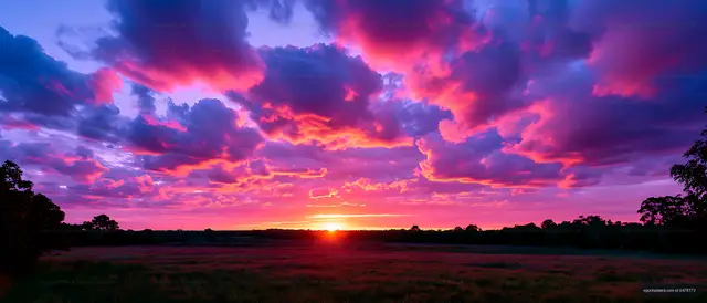 Panoramic sunset landscape with glowing clouds and field