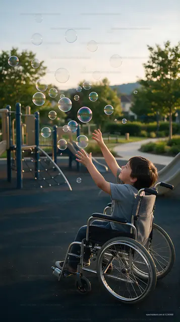 Wheelchair user reaching for bubbles in a playground