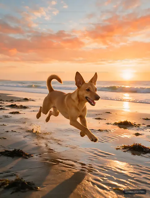 Energetic dog running in shallow surf at sunset