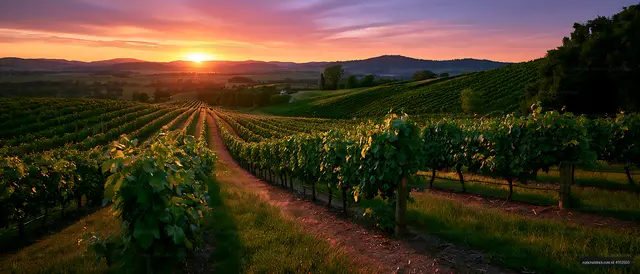 Vineyard rows glowing in evening sunset light