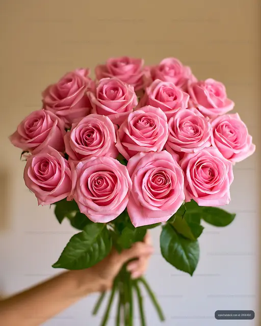 Close-up bouquet of pink roses in a hand