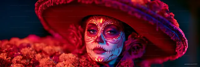 Vibrant portrait of woman in decorated sombrero with skull makeup