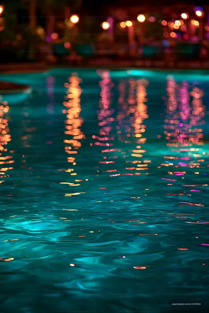 Abstract colorful bokeh lights reflected in water