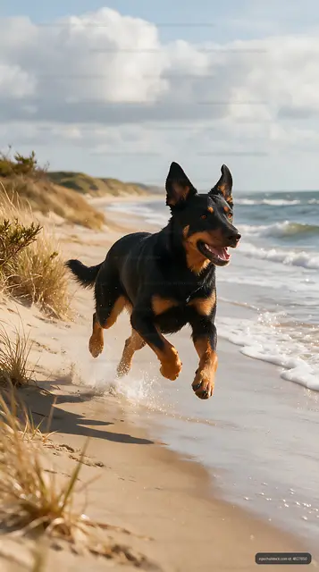 Black and tan dog bounding through beach surf