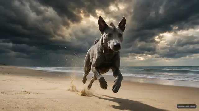 Energetic gray dog running by the ocean