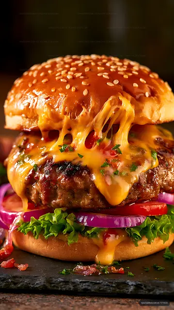 Gourmet cheeseburger with sesame bun and melted cheese