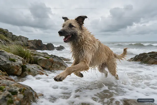 Active wet dog charging through surf on rocky beach