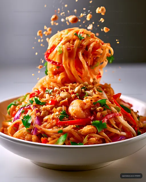 Dramatic close-up of colorful noodle salad with vegetables