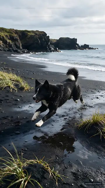 Black and white dog sprinting beside ocean waves