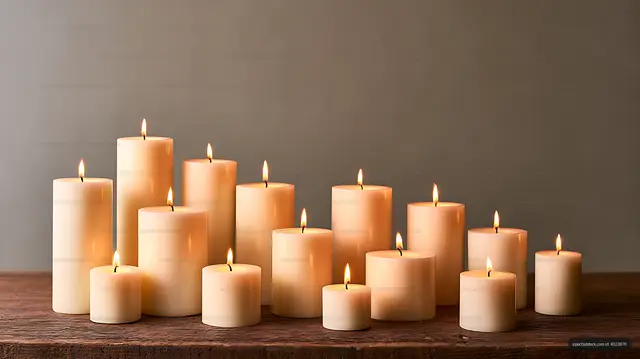 Lit pillar candles creating a warm still life on wood