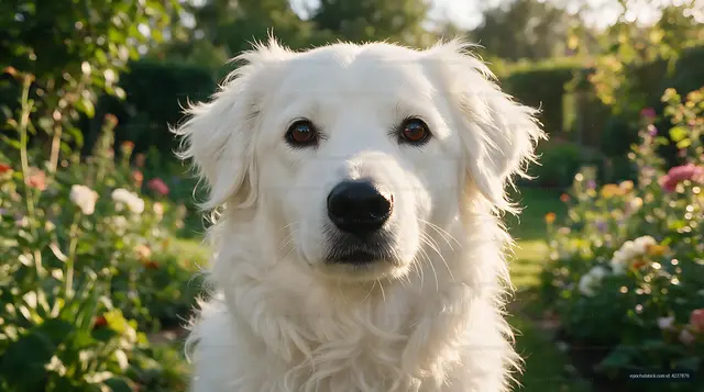 Close-up portrait of a white dog surrounded by flowers