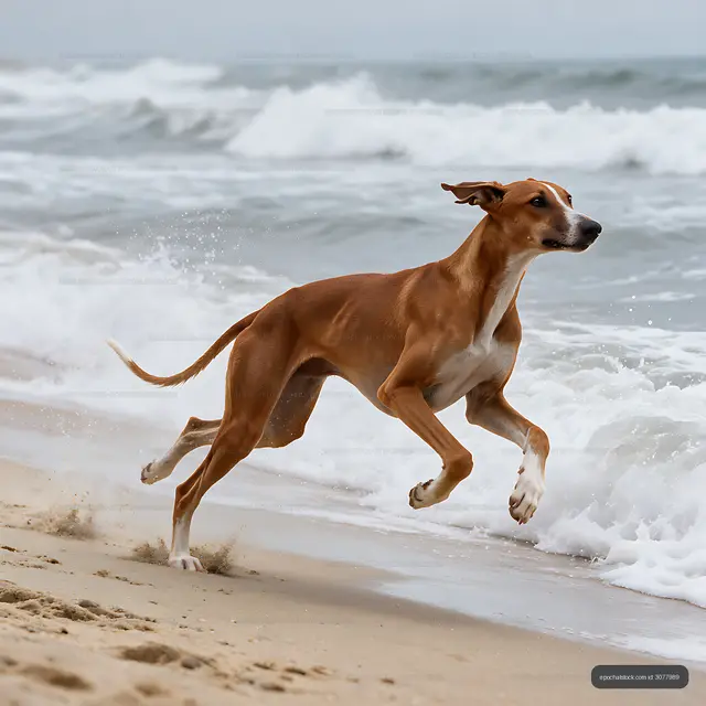 Sighthound running in surf at the beach