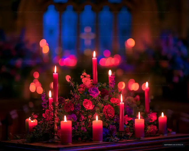 Colorful candlelit flower display with soft bokeh
